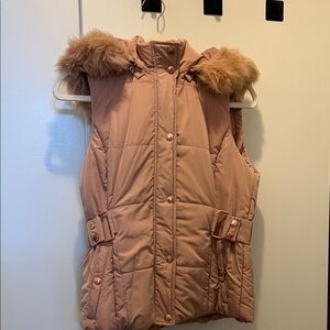 Guess Pink Puffer Vest with Faux Fur Trim